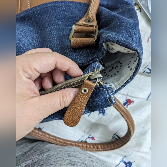 EUC Myra Bag women's Janesa Tote Bag 100% cotton leather denim bag, blue brown - Picture 11 of 13